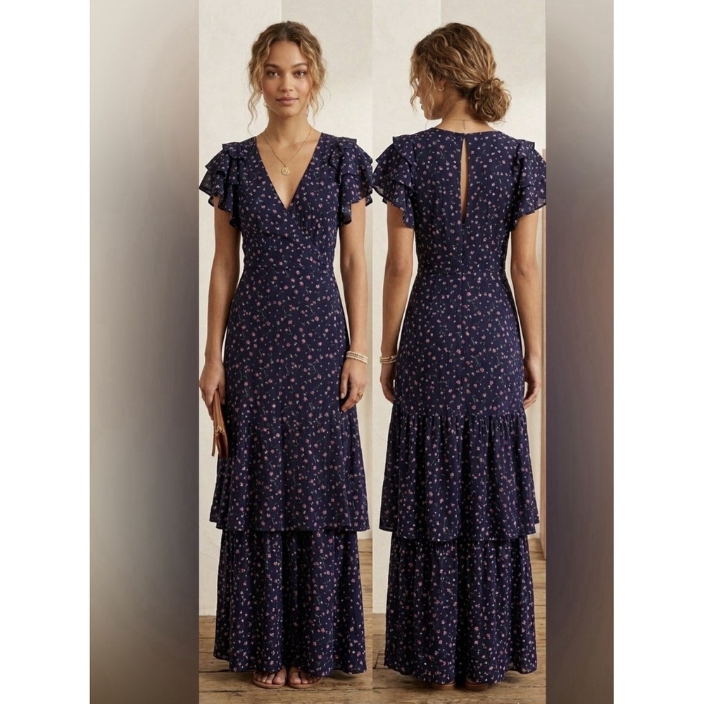 Cleobella  Blue Pink FloralTiered Maxi Dress Small Boho Feminine